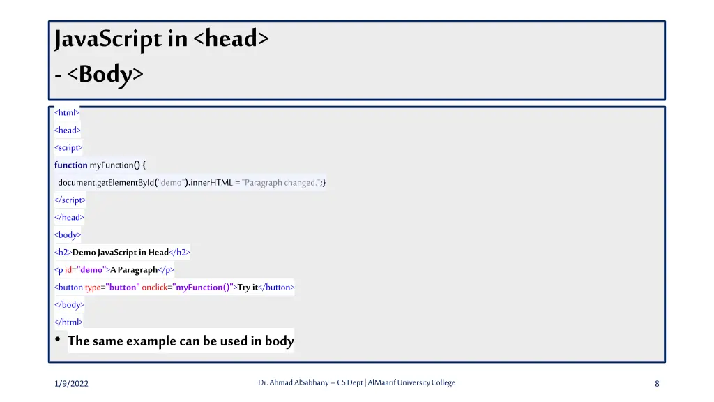 javascript in head body