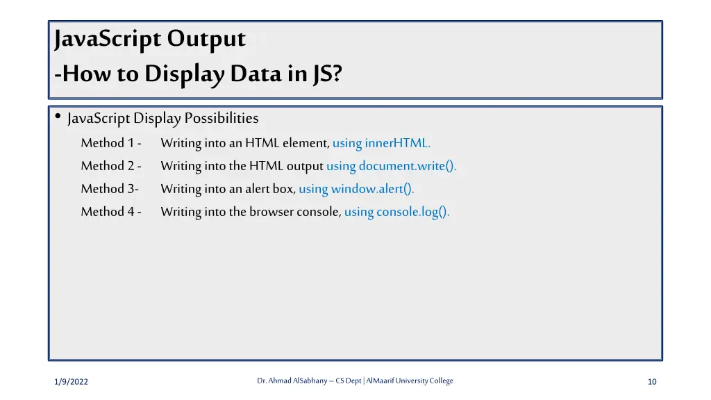 javascript output how to display data