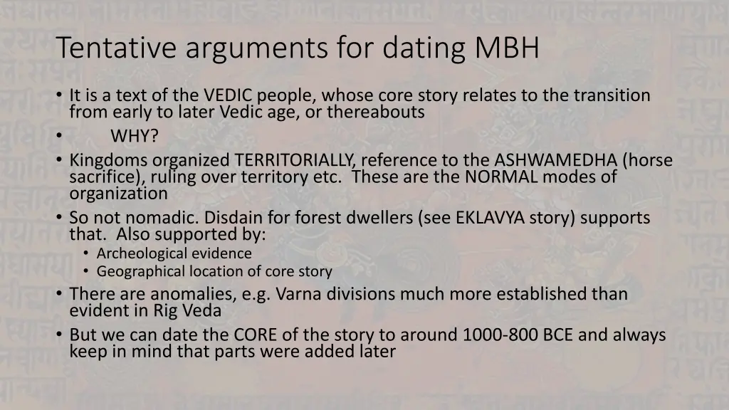 tentative arguments for dating mbh