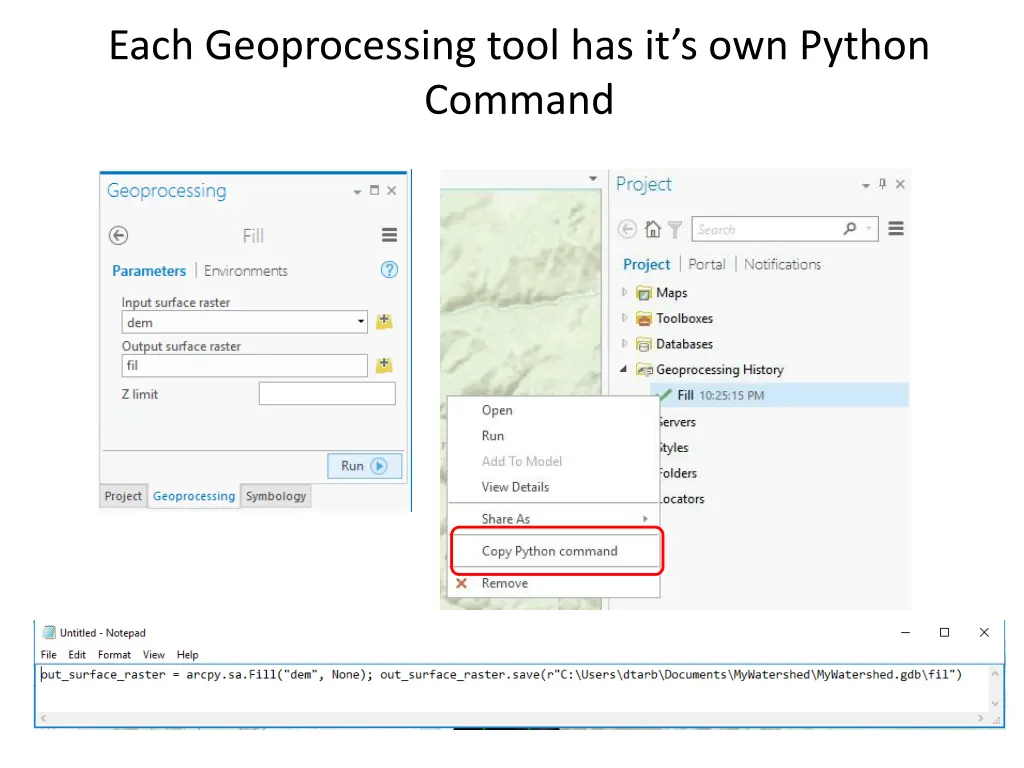each geoprocessing tool has it s own python