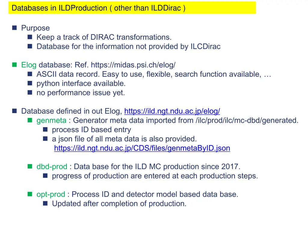 databases in ildproduction other than ilddirac