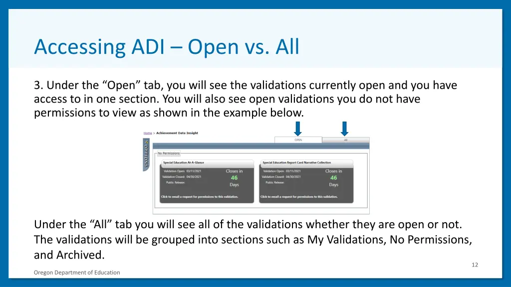 accessing adi open vs all