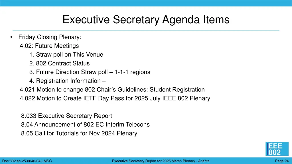 executive secretary agenda items 1