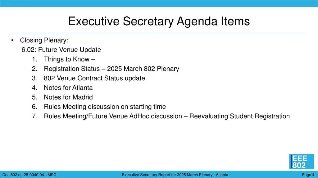 executive secretary agenda items