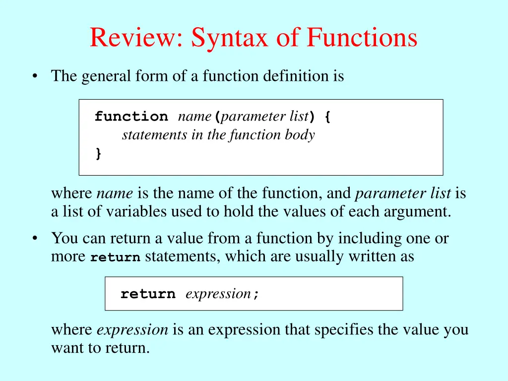 review syntax of functions