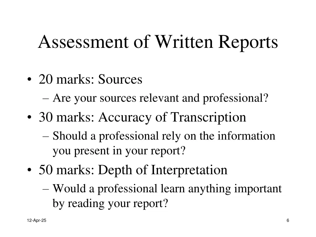 assessment of written reports