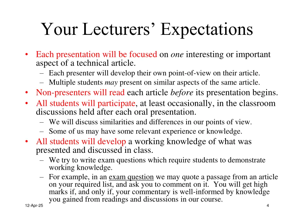 your lecturers expectations