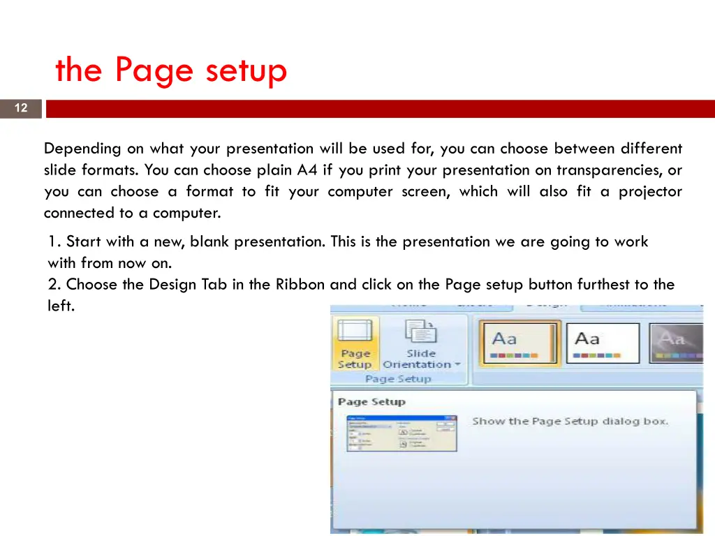 the page setup
