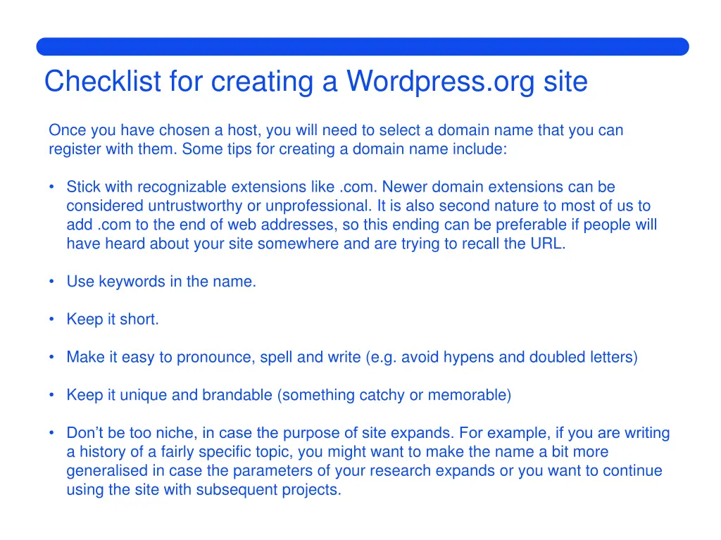 checklist for creating a wordpress org site