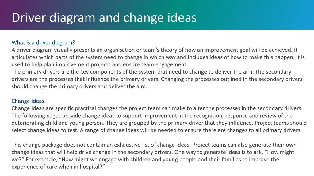 driver diagram and change ideas