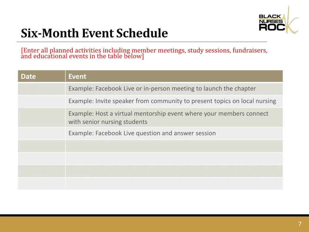 six month event schedule