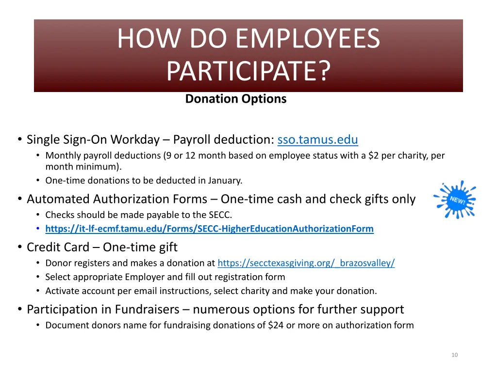 how do employees participate donation options