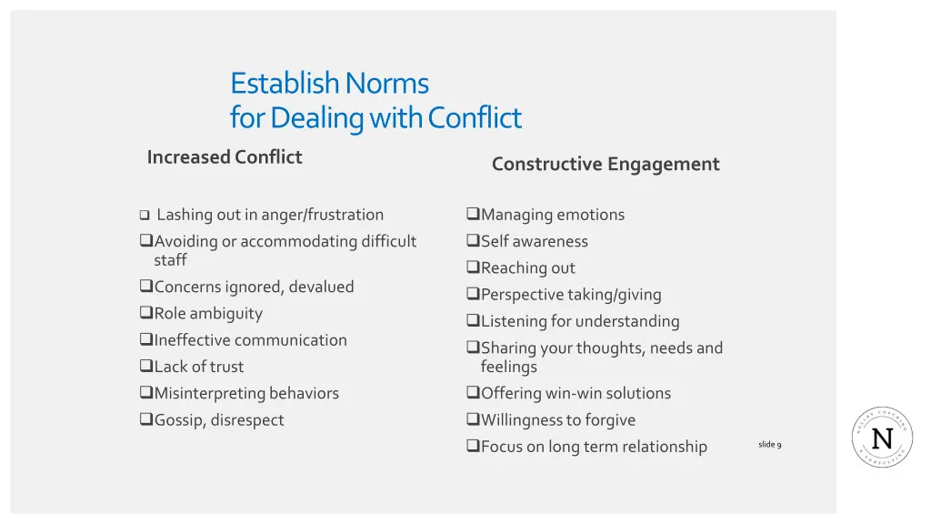 establish norms for dealing with conflict