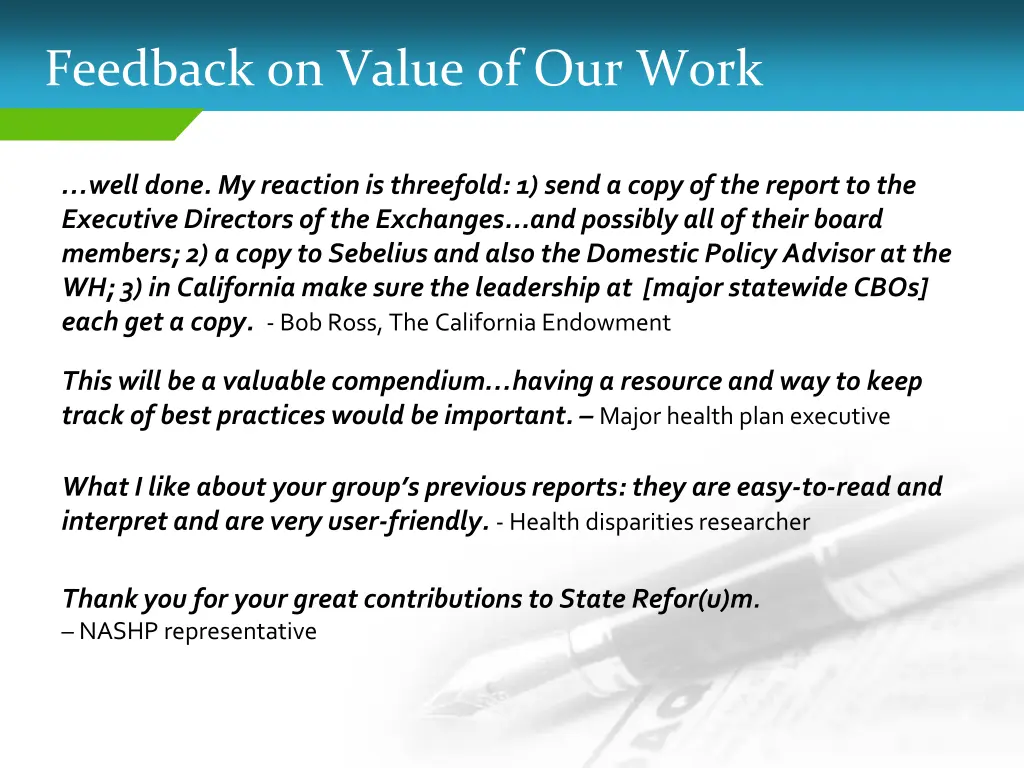 feedback on value of our work