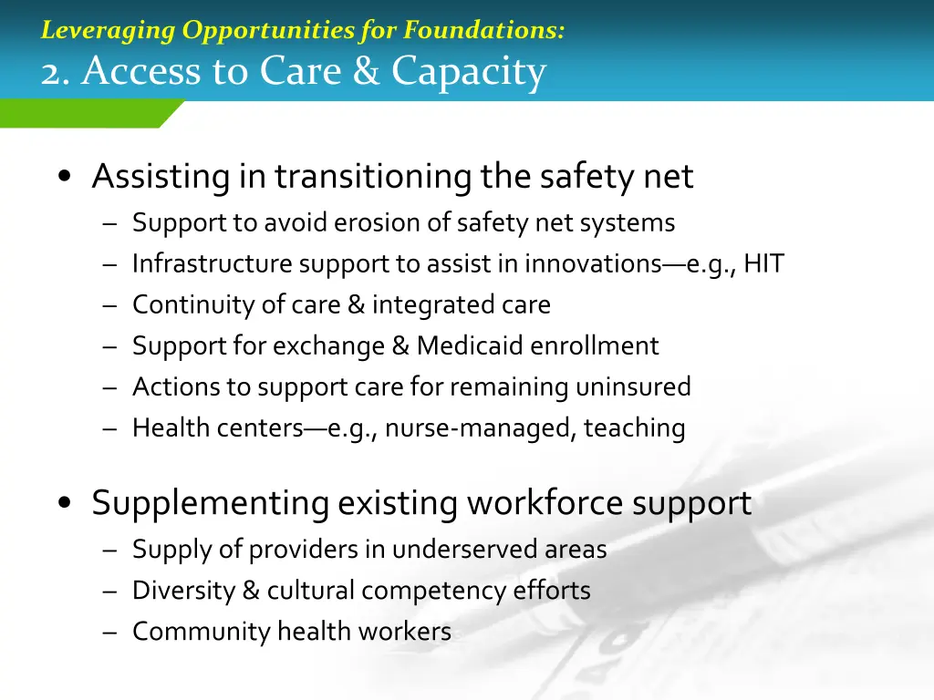 leveraging opportunities for foundations 2 access