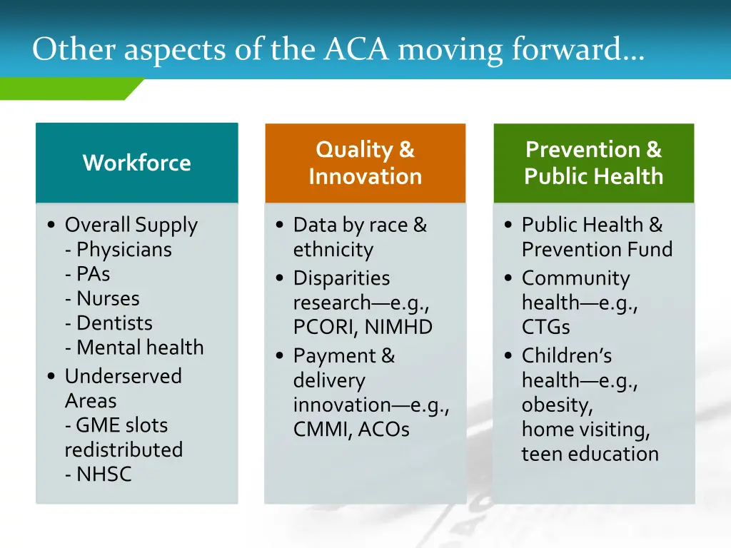 other aspects of the aca moving forward