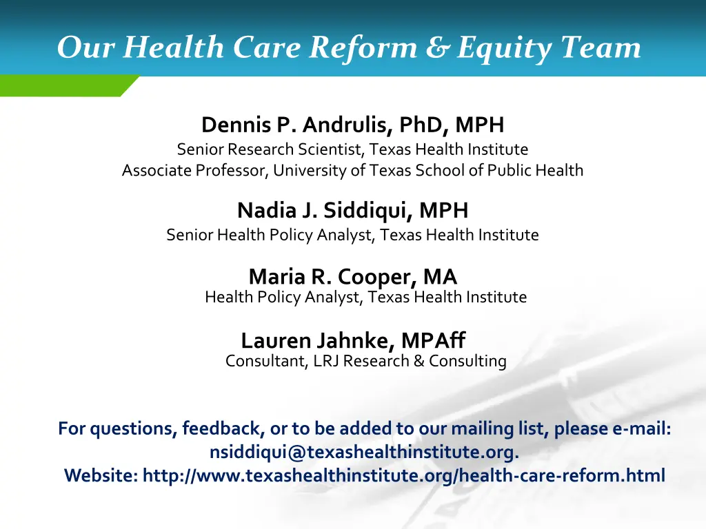 our health care reform equity team
