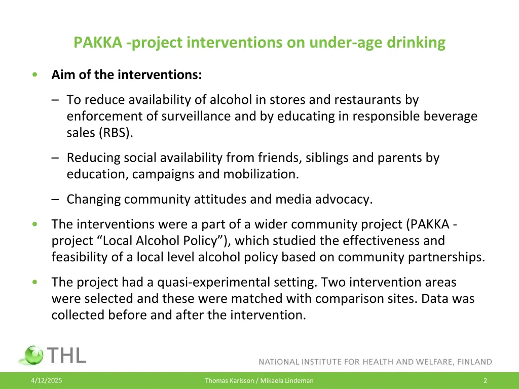 pakka project interventions on under age drinking