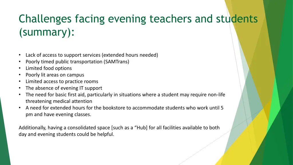 challenges facing evening teachers and students