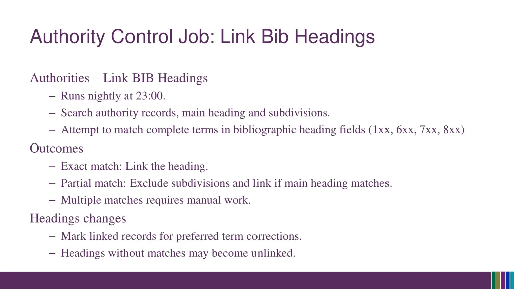 authority control job link bib headings