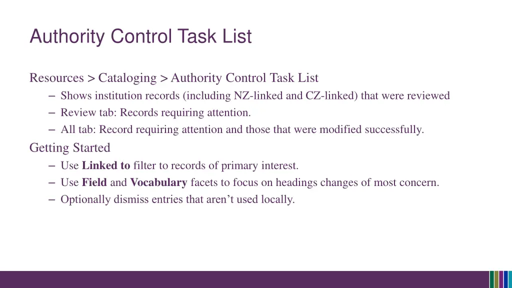 authority control task list