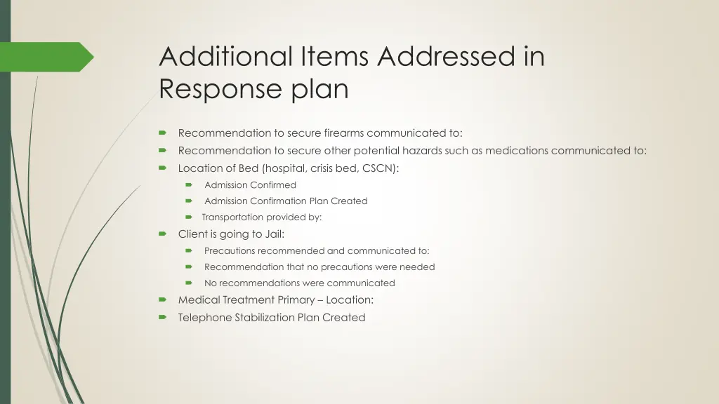 additional items addressed in response plan