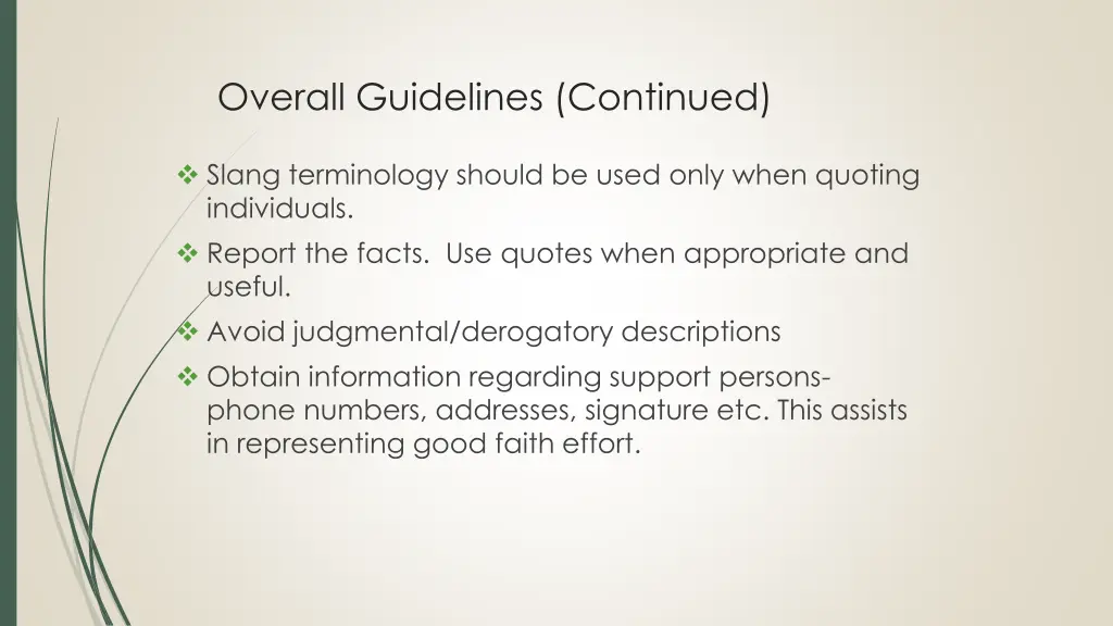 overall guidelines continued