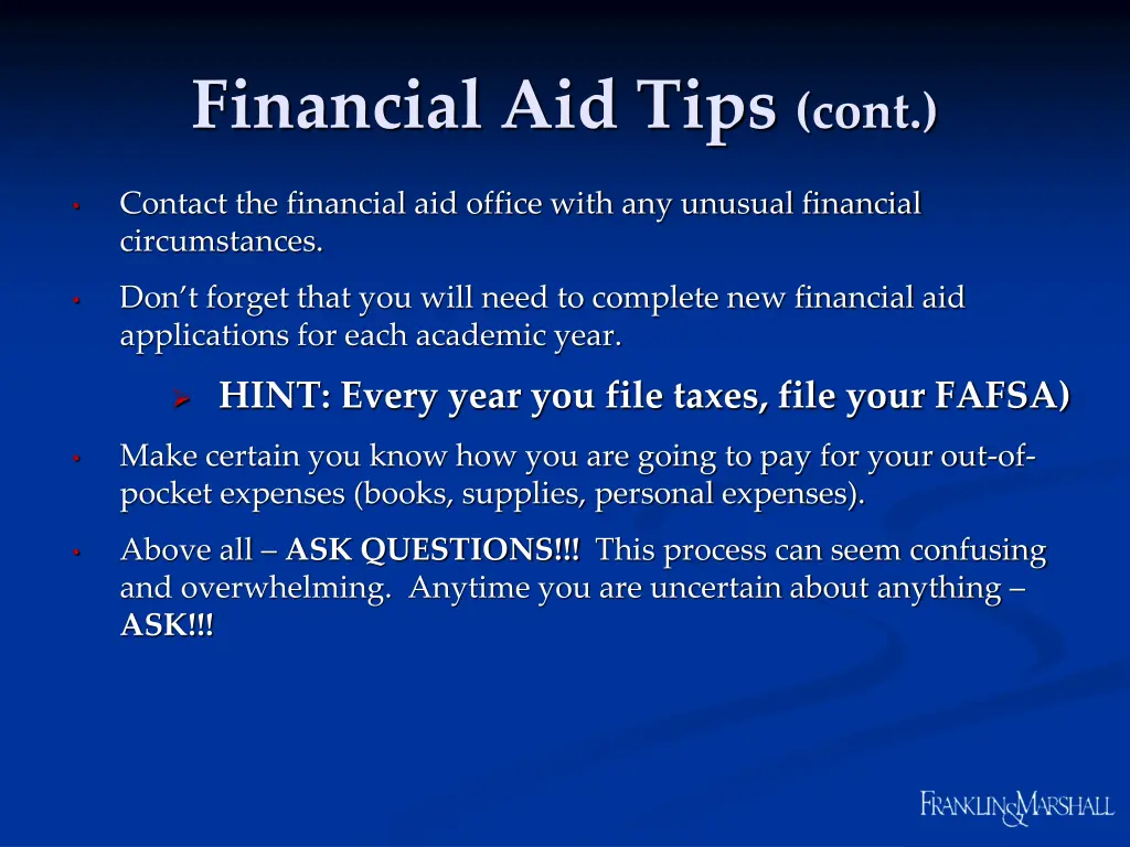 financial aid tips cont