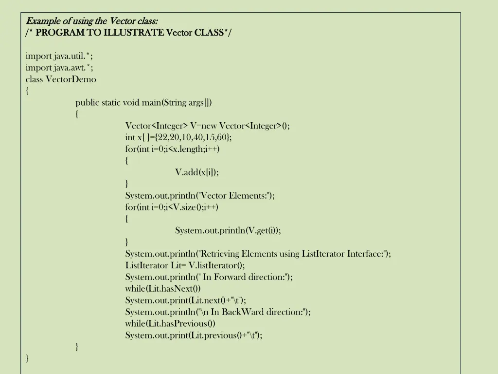 example of using the vector class example