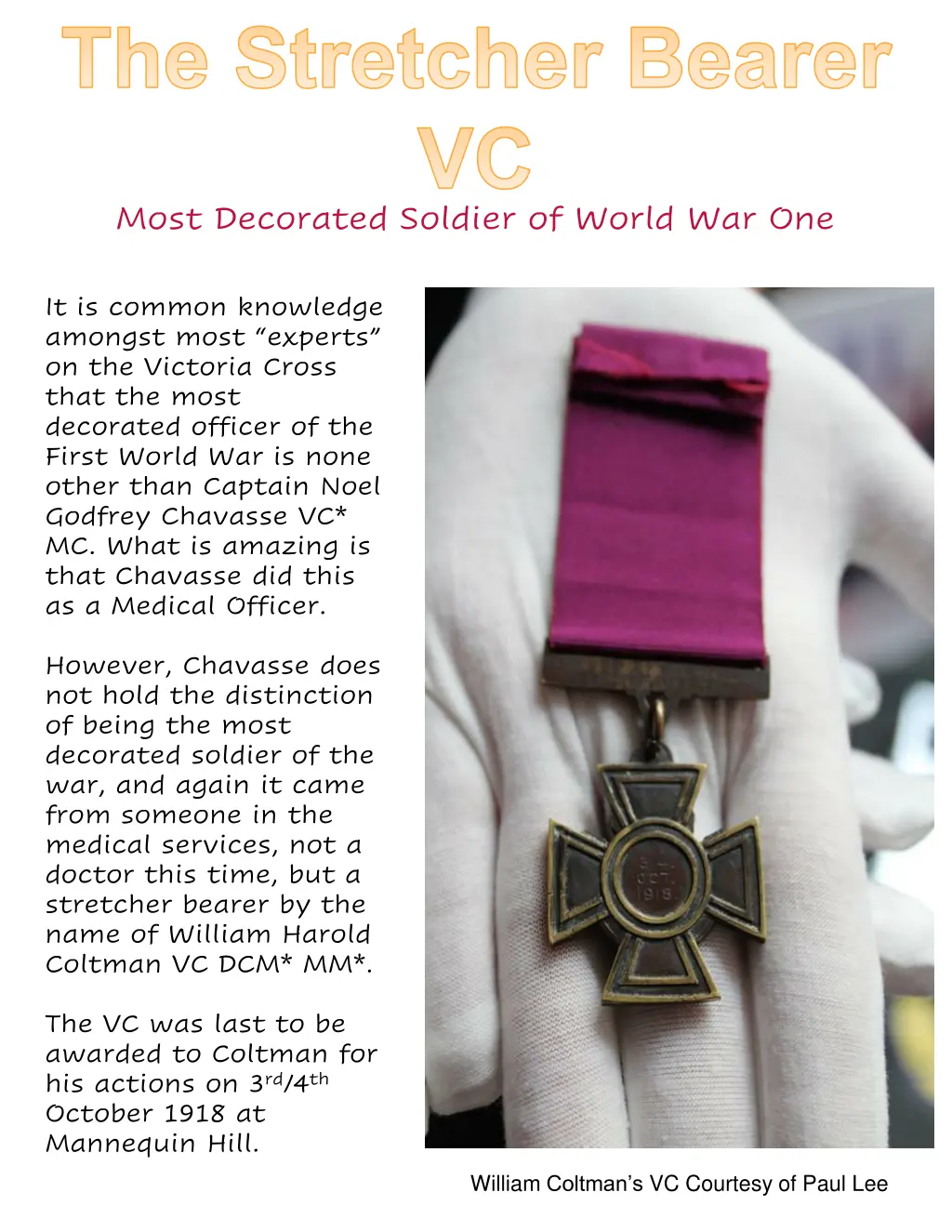 the stretcher bearer vc most decorated soldier