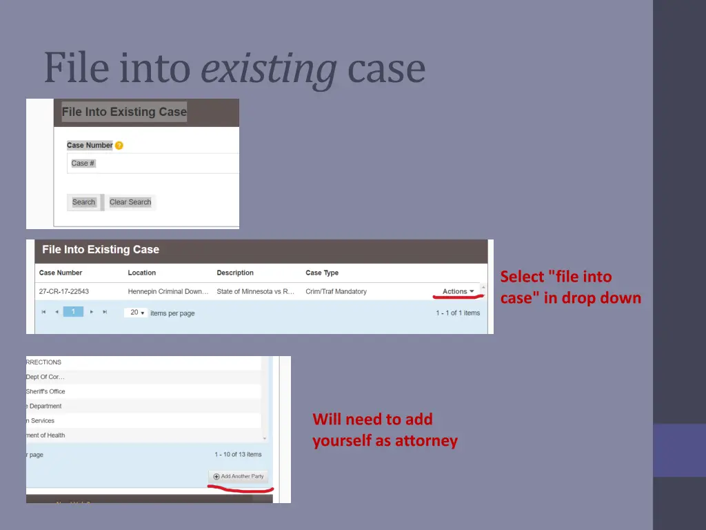 file into existing case