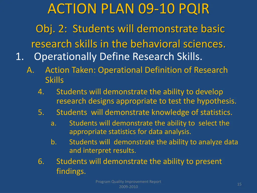 action plan 09 10 pqir obj 2 students will 1