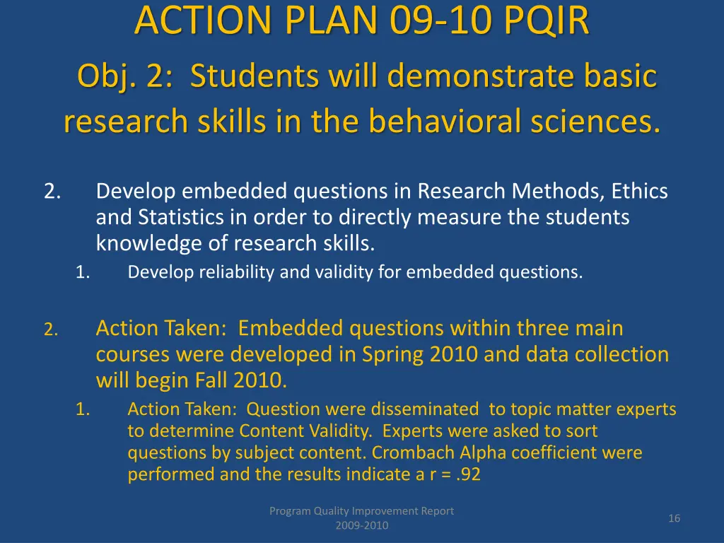 action plan 09 10 pqir obj 2 students will 2