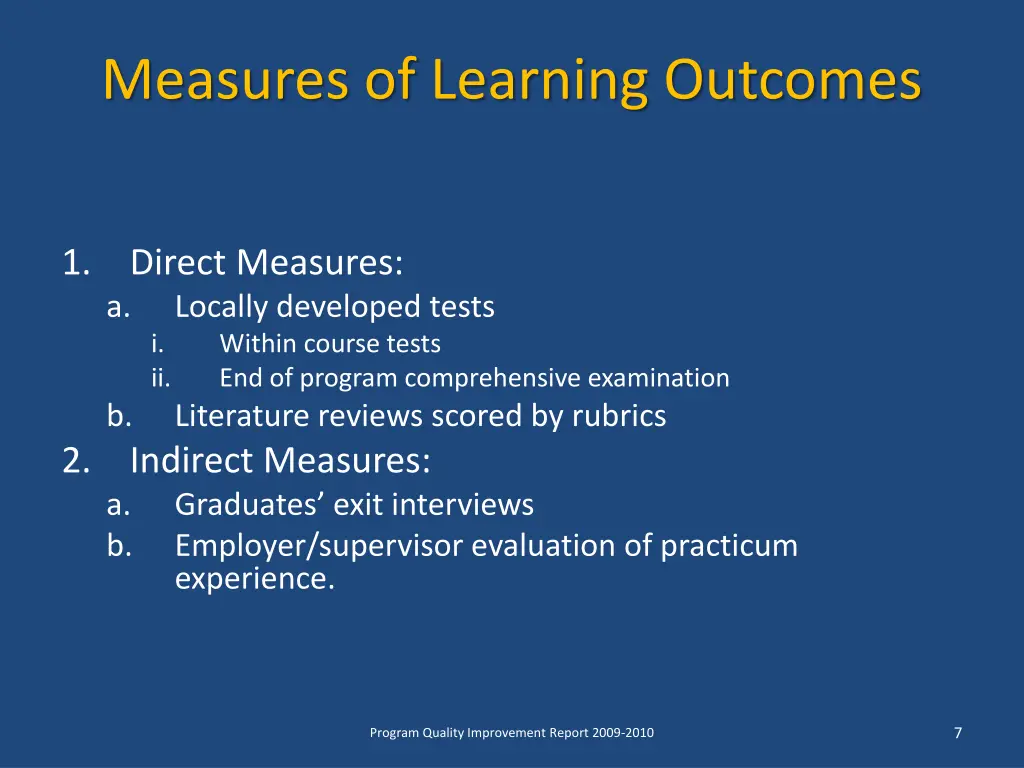 measures of learning outcomes