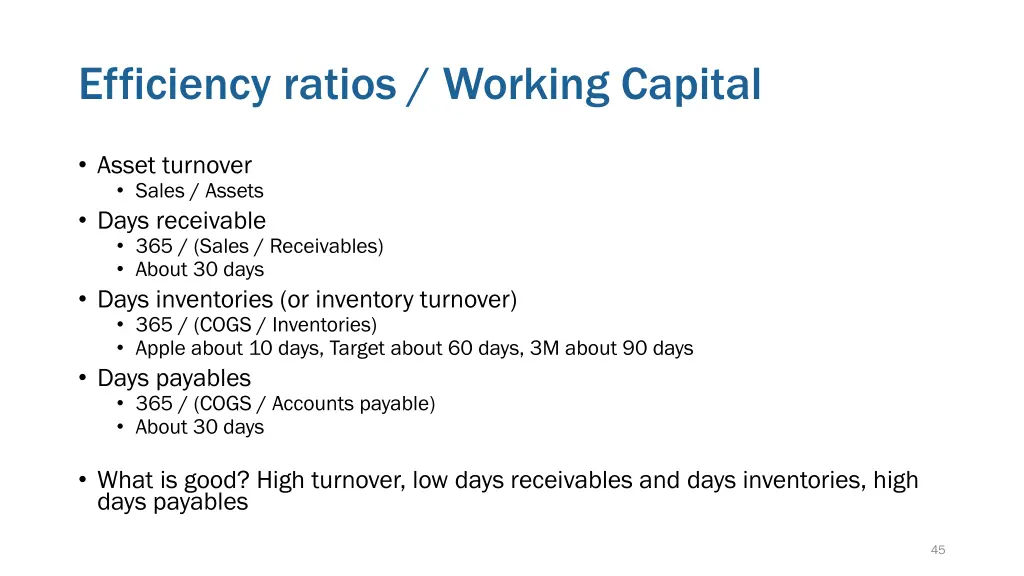 efficiency ratios working capital