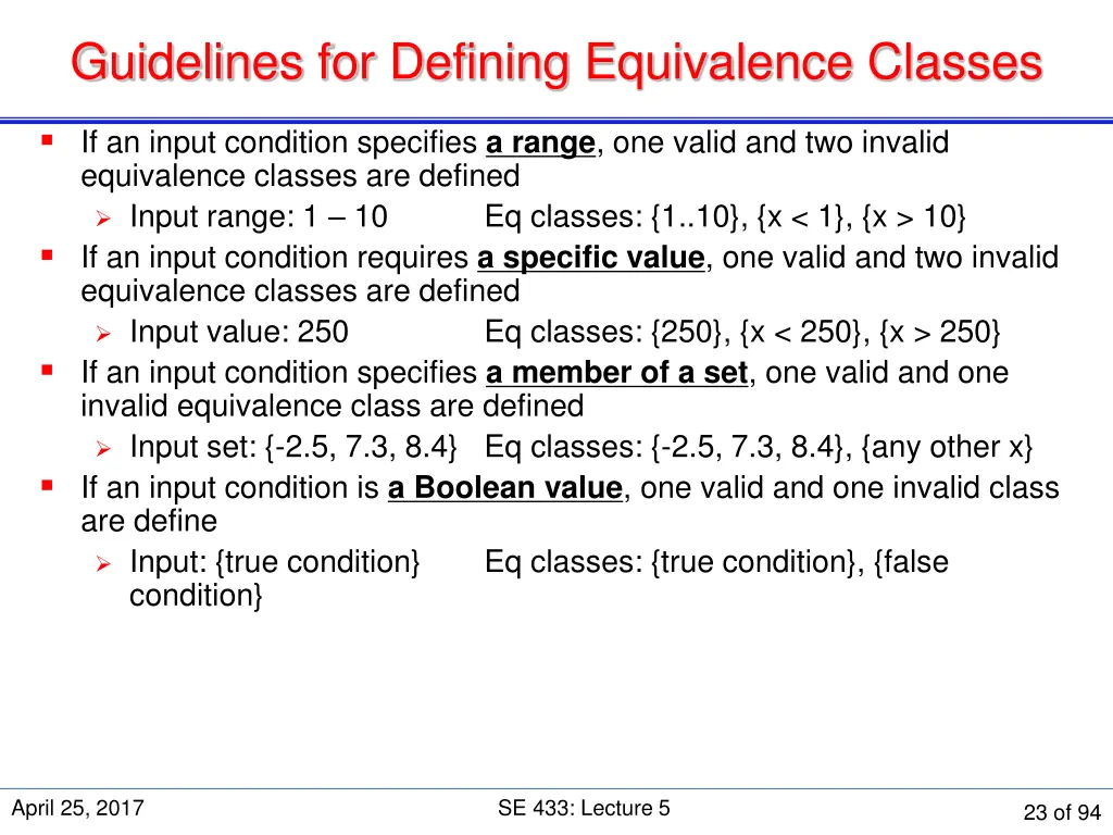 guidelines for defining equivalence classes