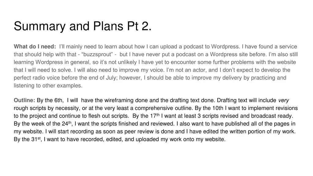 summary and plans pt 2