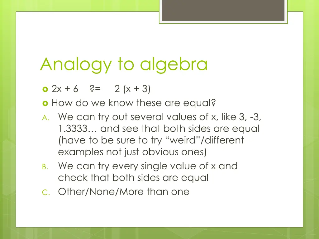 analogy to algebra