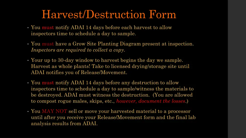harvest destruction form
