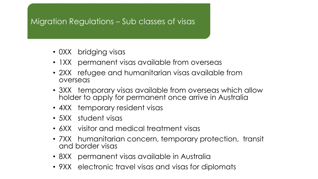 migration regulations sub classes of visas