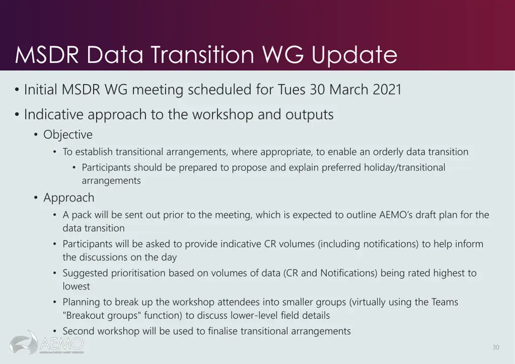 msdr data transition wg update