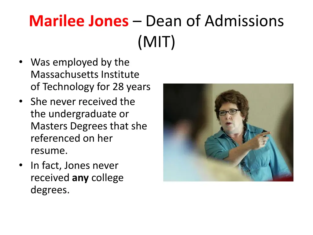 marilee jones dean of admissions mit was employed