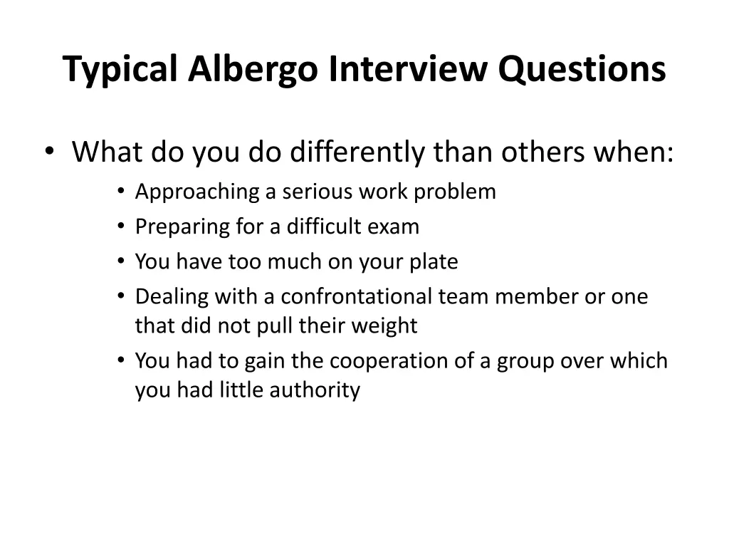 typical albergo interview questions