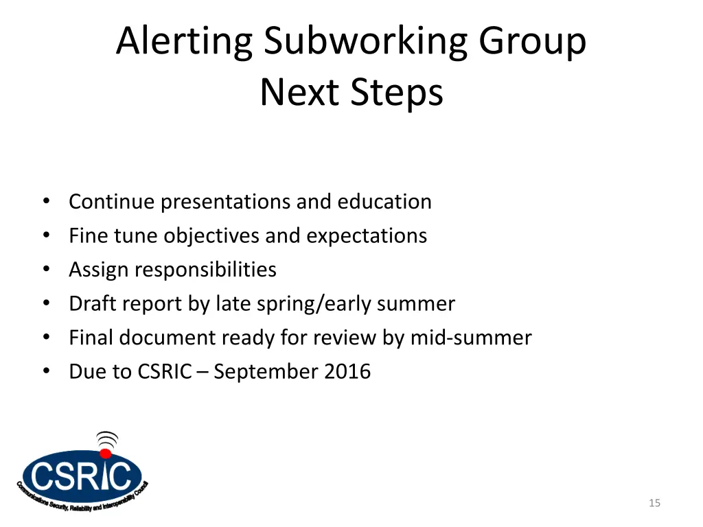 alerting subworking group next steps