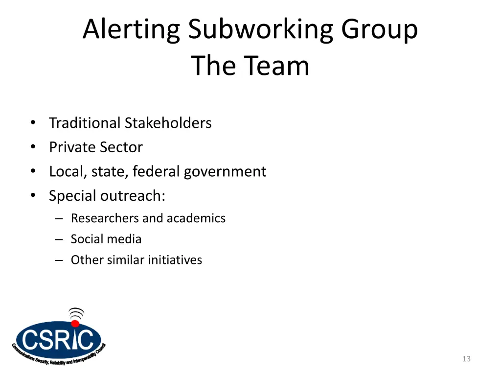 alerting subworking group the team