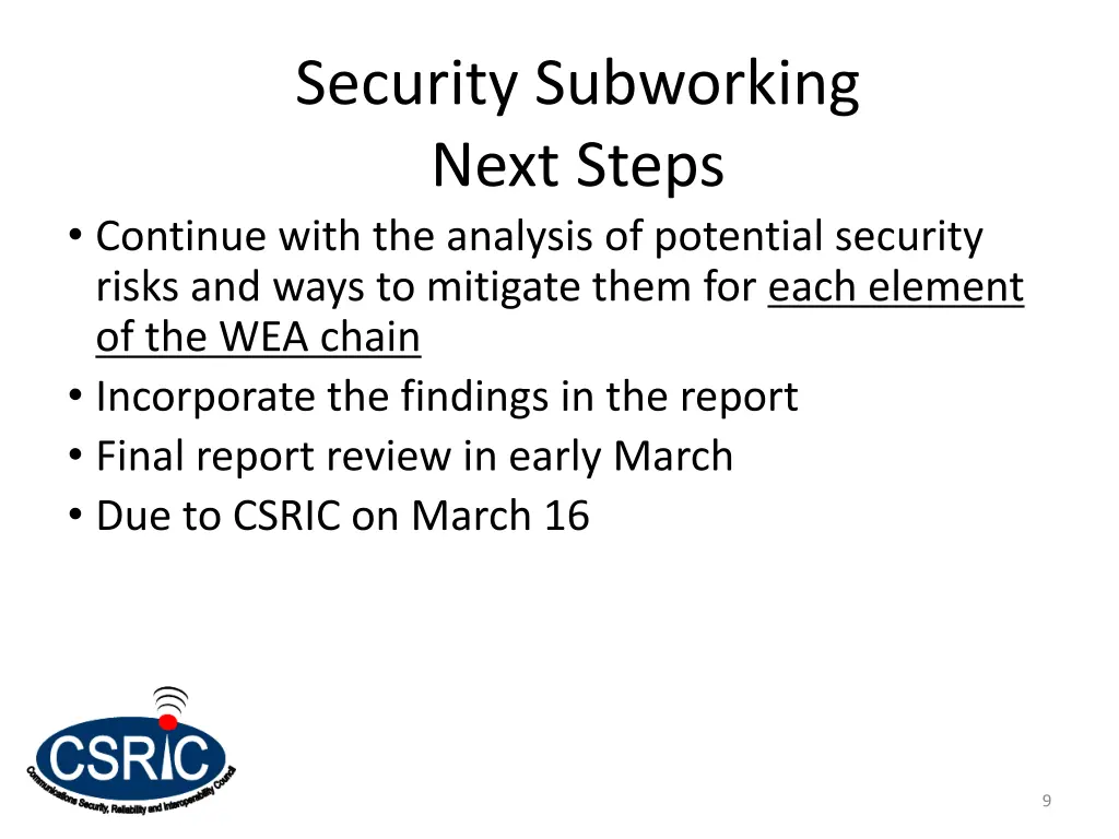 security subworking next steps continue with