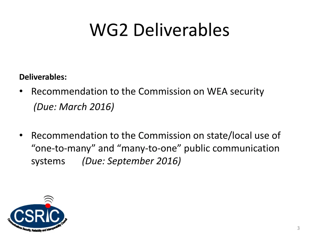 wg2 deliverables