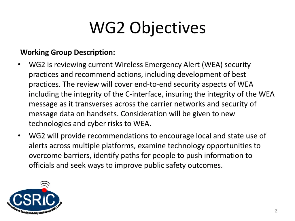 wg2 objectives