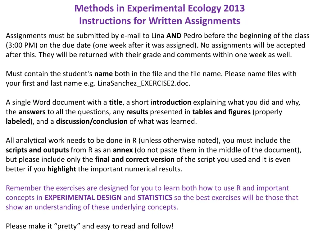 methods in experimental ecology 2013 instructions 2