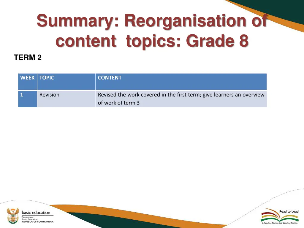 summary reorganisation of content topics grade 8